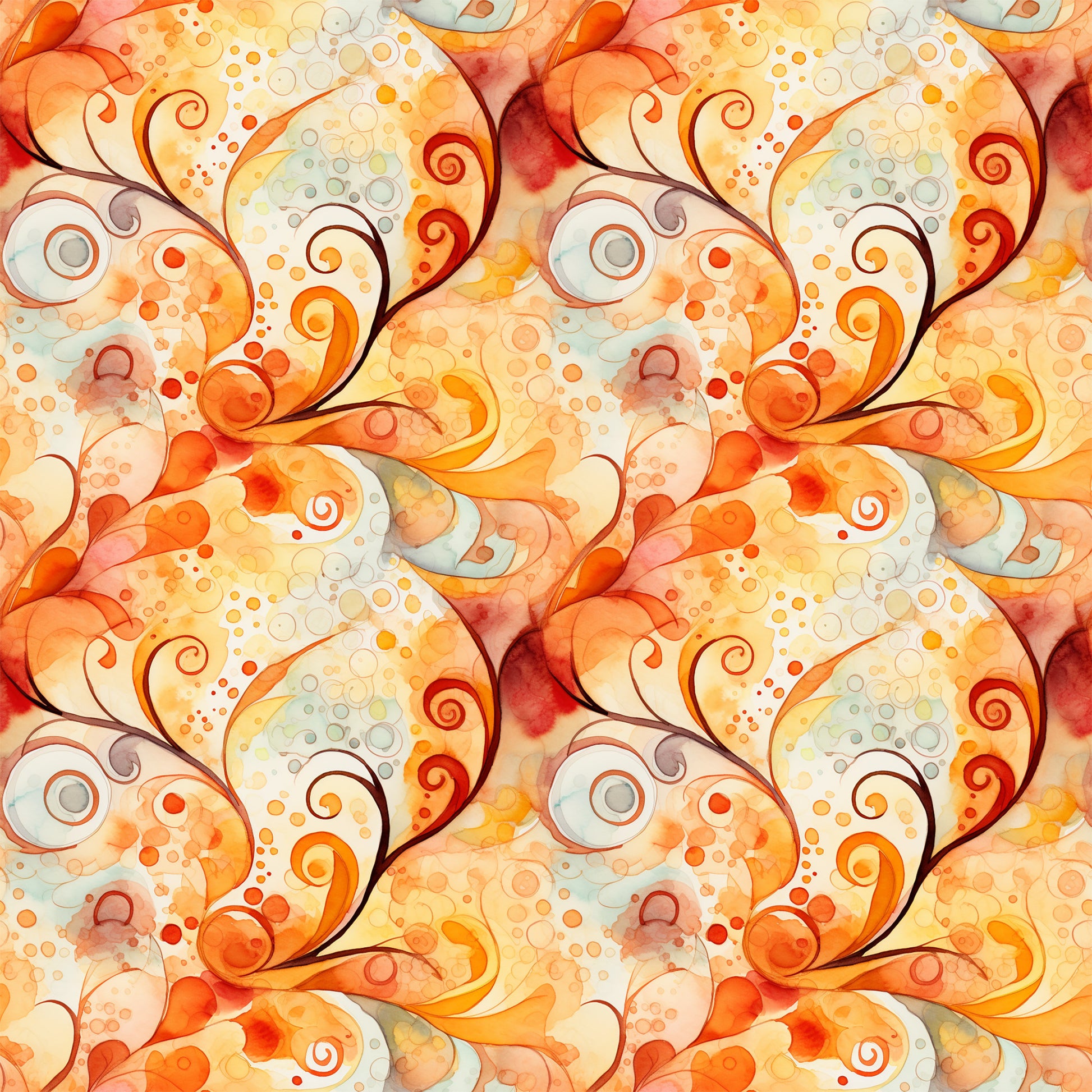autumn swirls, orange, rust, yellow, cream, watercolor effect, spiral patterns, circular motifs, dots, bubbles, flowing design, abstract art, warm tones, seasonal fabric, quilting cotton, fabric panel, whimsical style, organic shapes, fall colors, repetitive pattern