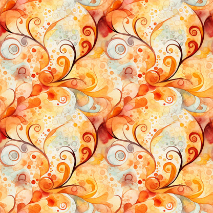 autumn swirls, orange, rust, yellow, cream, watercolor effect, spiral patterns, circular motifs, dots, bubbles, flowing design, abstract art, warm tones, seasonal fabric, quilting cotton, fabric panel, whimsical style, organic shapes, fall colors, repetitive pattern