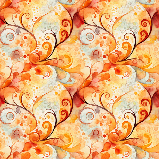 autumn swirls, orange, rust, yellow, cream, watercolor effect, spiral patterns, circular motifs, dots, bubbles, flowing design, abstract art, warm tones, seasonal fabric, quilting cotton, fabric panel, whimsical style, organic shapes, fall colors, repetitive pattern