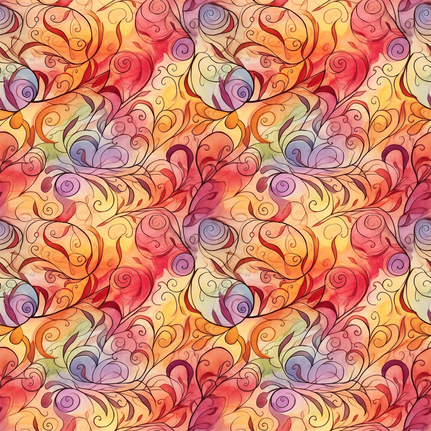 autumn swirls, orange, red, yellow, purple, pink, coral, warm colors, swirling patterns, flowing design, abstract swirls, quilting cotton, fabric panel, seamless pattern, watercolor style, autumn theme, fall colors, continuous design, decorative swirls, warm tones