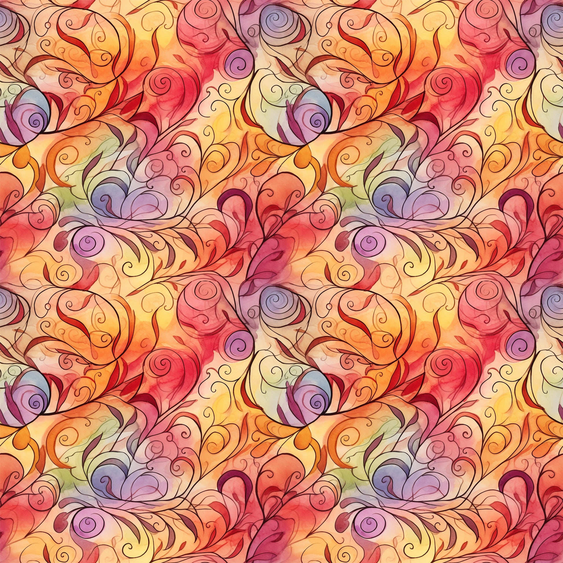 autumn swirls, orange, red, yellow, purple, pink, coral, warm colors, swirling patterns, flowing design, abstract swirls, quilting cotton, fabric panel, seamless pattern, watercolor style, autumn theme, fall colors, continuous design, decorative swirls, warm tones