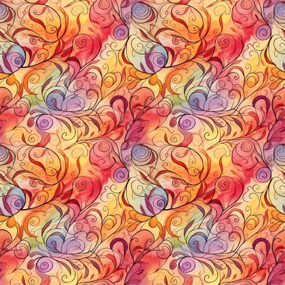 autumn swirls, orange, red, yellow, purple, pink, coral, warm colors, swirling patterns, flowing design, abstract swirls, quilting cotton, fabric panel, seamless pattern, watercolor style, autumn theme, fall colors, continuous design, decorative swirls, warm tones