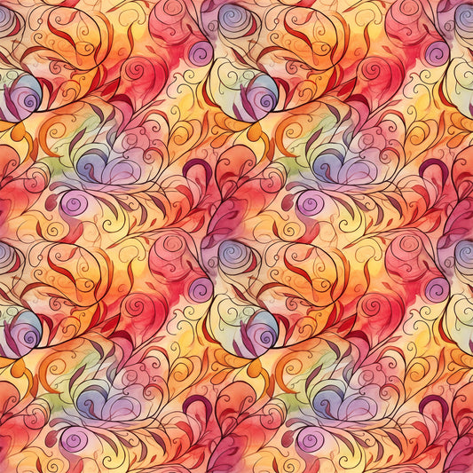 autumn swirls, orange, red, yellow, purple, pink, coral, warm colors, swirling patterns, flowing design, abstract swirls, quilting cotton, fabric panel, seamless pattern, watercolor style, autumn theme, fall colors, continuous design, decorative swirls, warm tones