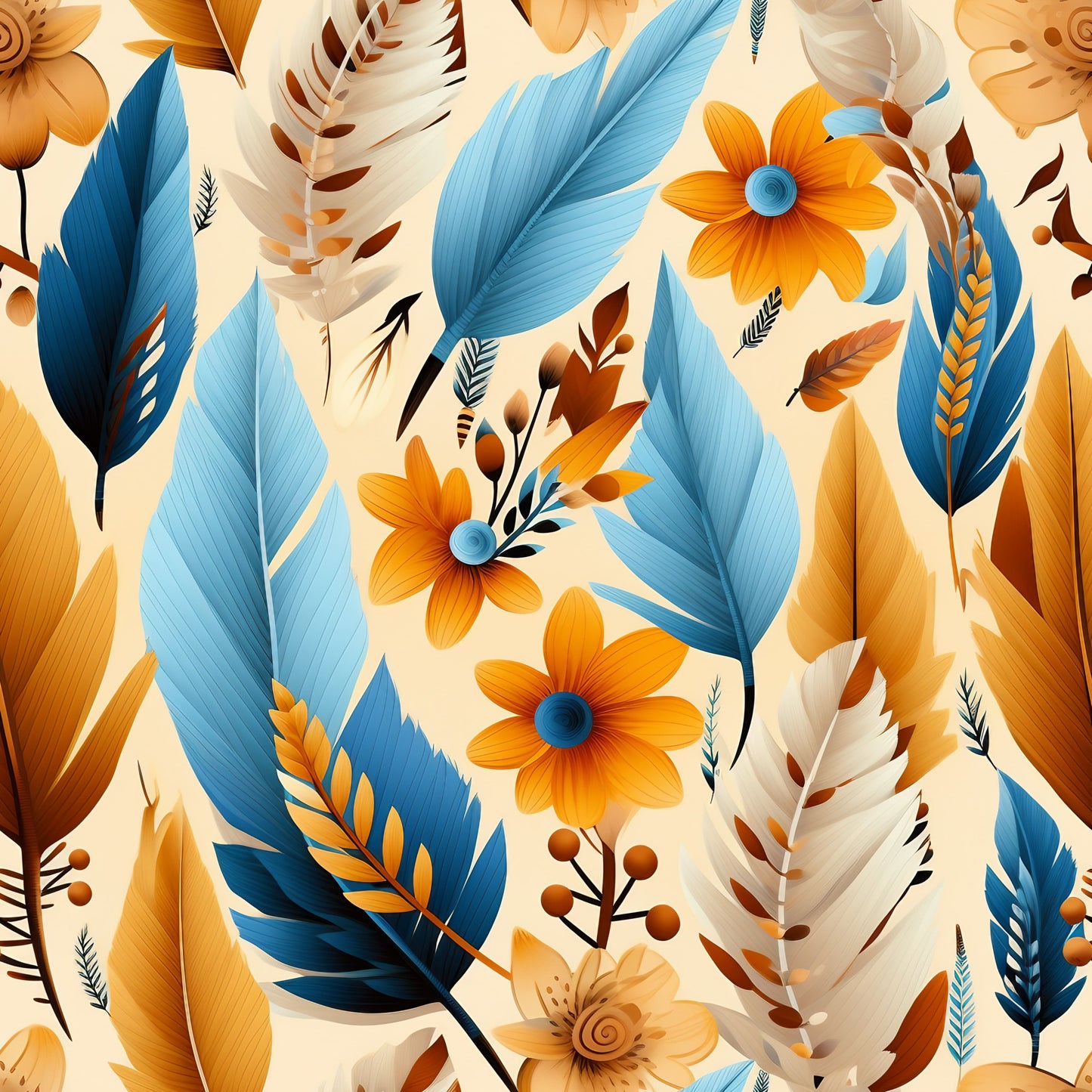 feathers, orange flowers, blue leaves, cream background, aztec pattern, tribal design, botanical motifs, quilting cotton, fabric panel, warm colors, cool blues, floral elements, geometric feathers, native american inspired, earthy tones, peach blossoms, turquoise foliage, decorative plumes, southwestern style, nature motifs