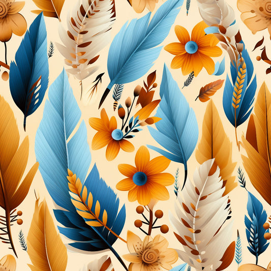 feathers, orange flowers, blue leaves, cream background, aztec pattern, tribal design, botanical motifs, quilting cotton, fabric panel, warm colors, cool blues, floral elements, geometric feathers, native american inspired, earthy tones, peach blossoms, turquoise foliage, decorative plumes, southwestern style, nature motifs