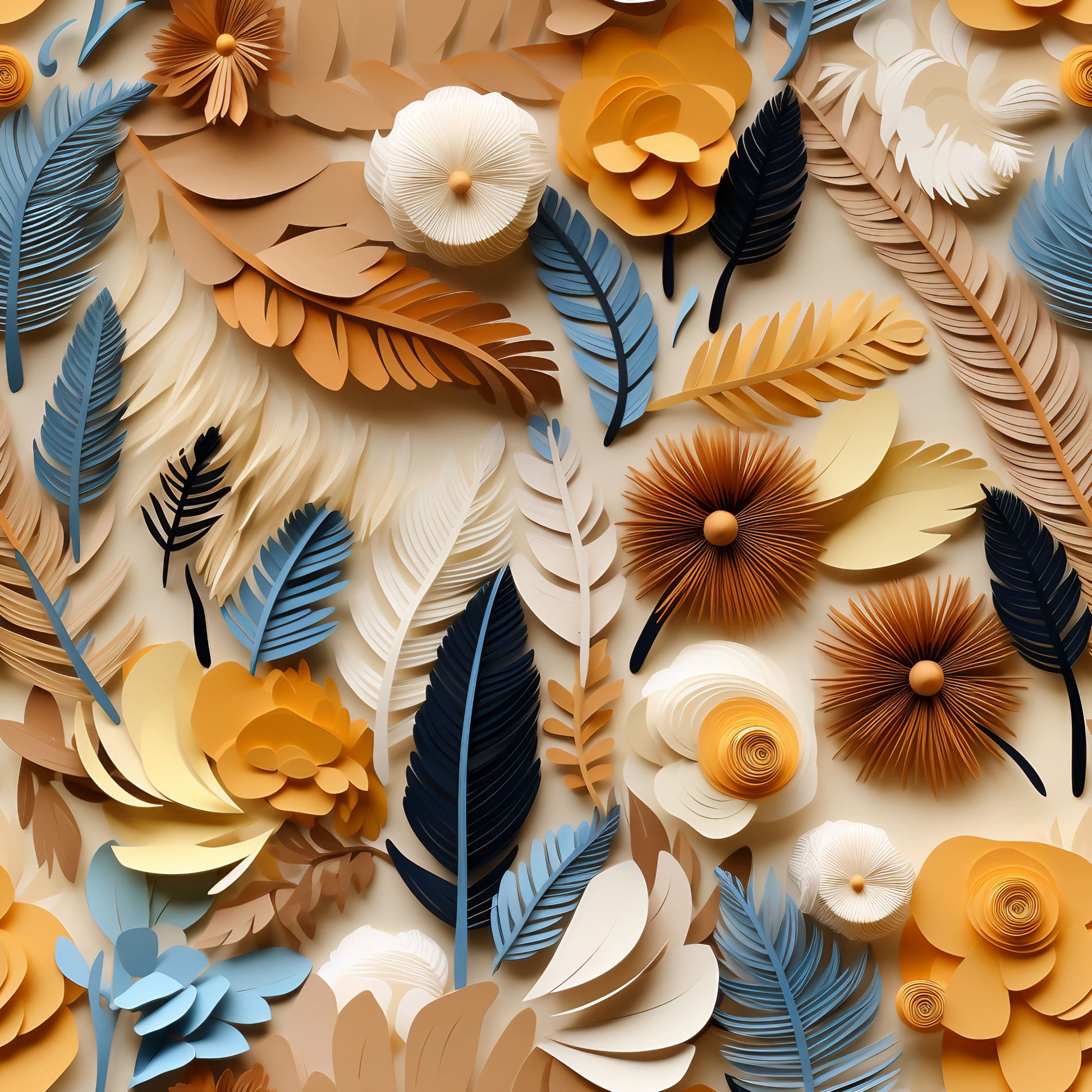 paper craft, feathers, dimensional flowers, layered petals, cream, orange, blue, navy, beige, textured design, quilting cotton, fabric panel, botanical elements, leaves, carved appearance, neutral palette, warm tones, nature inspired, artistic composition, handmade look