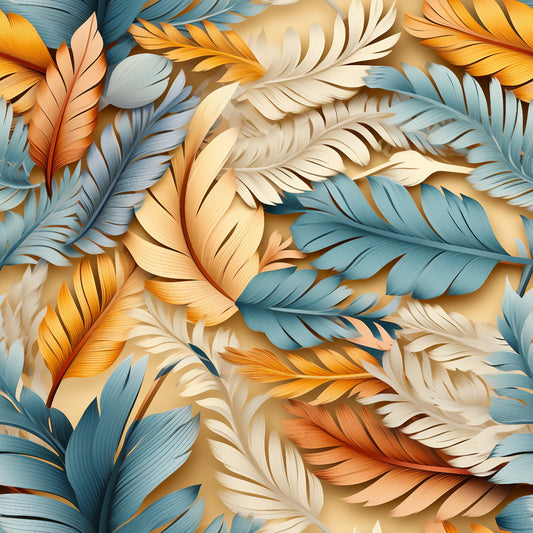feathers, orange, blue, cream, beige, teal, golden yellow, layered feathers, overlapping design, soft gradients, detailed textures, quilting cotton, fabric panel, natural elements, warm tones, cool tones, flowing pattern, organic shapes, bird feathers, seamless repeat