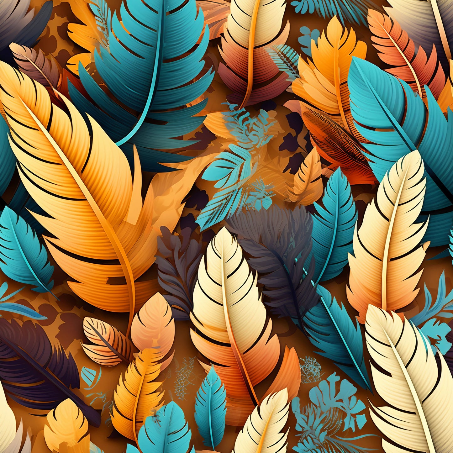 turquoise, orange, cream, brown, feathers, aztec pattern, tribal design, geometric motifs, quilting cotton, fabric panel, southwestern style, native american inspired, decorative plumes, layered feathers, warm earth tones, textured appearance, intricate details, bohemian aesthetic, cultural motifs