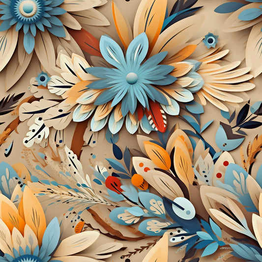aztec feathers, teal blue, burnt orange, cream beige, navy accents, red highlights, layered petals, geometric florals, tribal motifs, feather plumes, southwestern style, bohemian pattern, quilting cotton, fabric panel, artistic illustration, dimensional design, ethnic inspired, warm earth tones, decorative elements