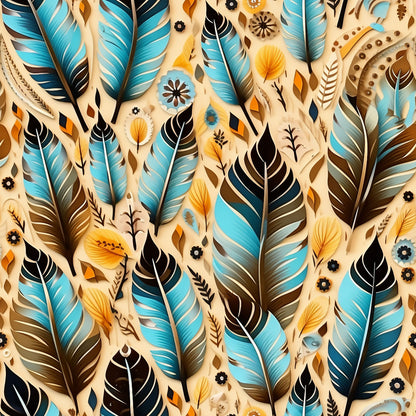 turquoise, brown, cream, orange, black, feather pattern, aztec design, tribal motifs, geometric shapes, floral elements, boho style, southwestern pattern, quilting cotton, fabric panel, native american inspired, decorative feathers, earth tones, bohemian aesthetic, craft fabric, patchwork material