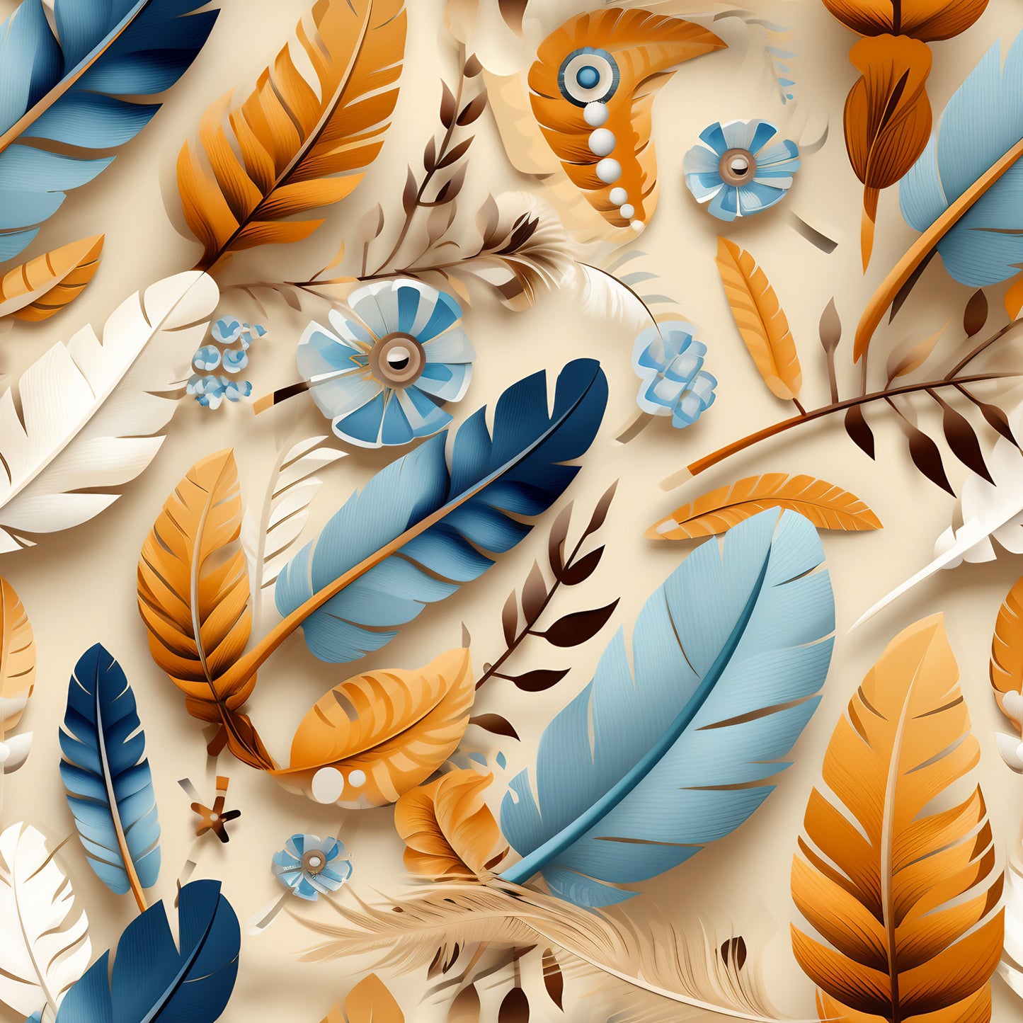 feathers, blue, orange, cream, beige, brown, aztec pattern, tribal design, geometric flowers, native american inspired, boho style, southwestern motif, quilting cotton, fabric panel, detailed illustration, layered elements, decorative feathers, ethnic pattern, warm color palette, craft fabric