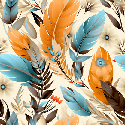 orange, teal blue, cream, beige, brown, feather pattern, aztec design, tribal motifs, geometric elements, eye symbols, decorative flourishes, boho style, southwestern theme, quilting cotton, fabric panel, earthy tones, native american inspired, ornamental design, artistic illustration, bohemian aesthetic