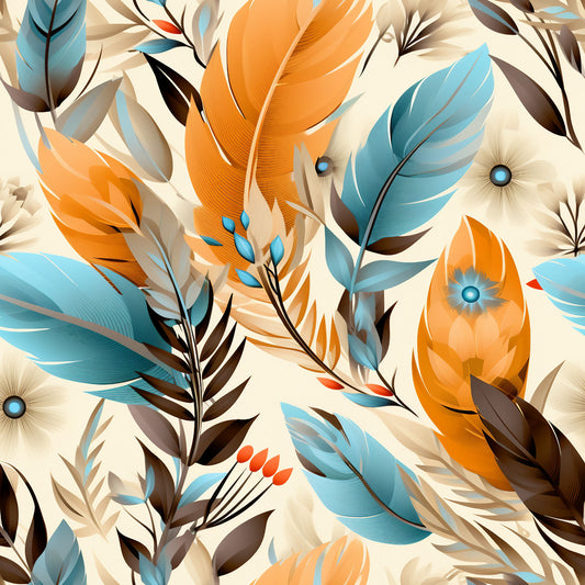 orange, teal blue, cream, beige, brown, feather pattern, aztec design, tribal motifs, geometric elements, eye symbols, decorative flourishes, boho style, southwestern theme, quilting cotton, fabric panel, earthy tones, native american inspired, ornamental design, artistic illustration, bohemian aesthetic