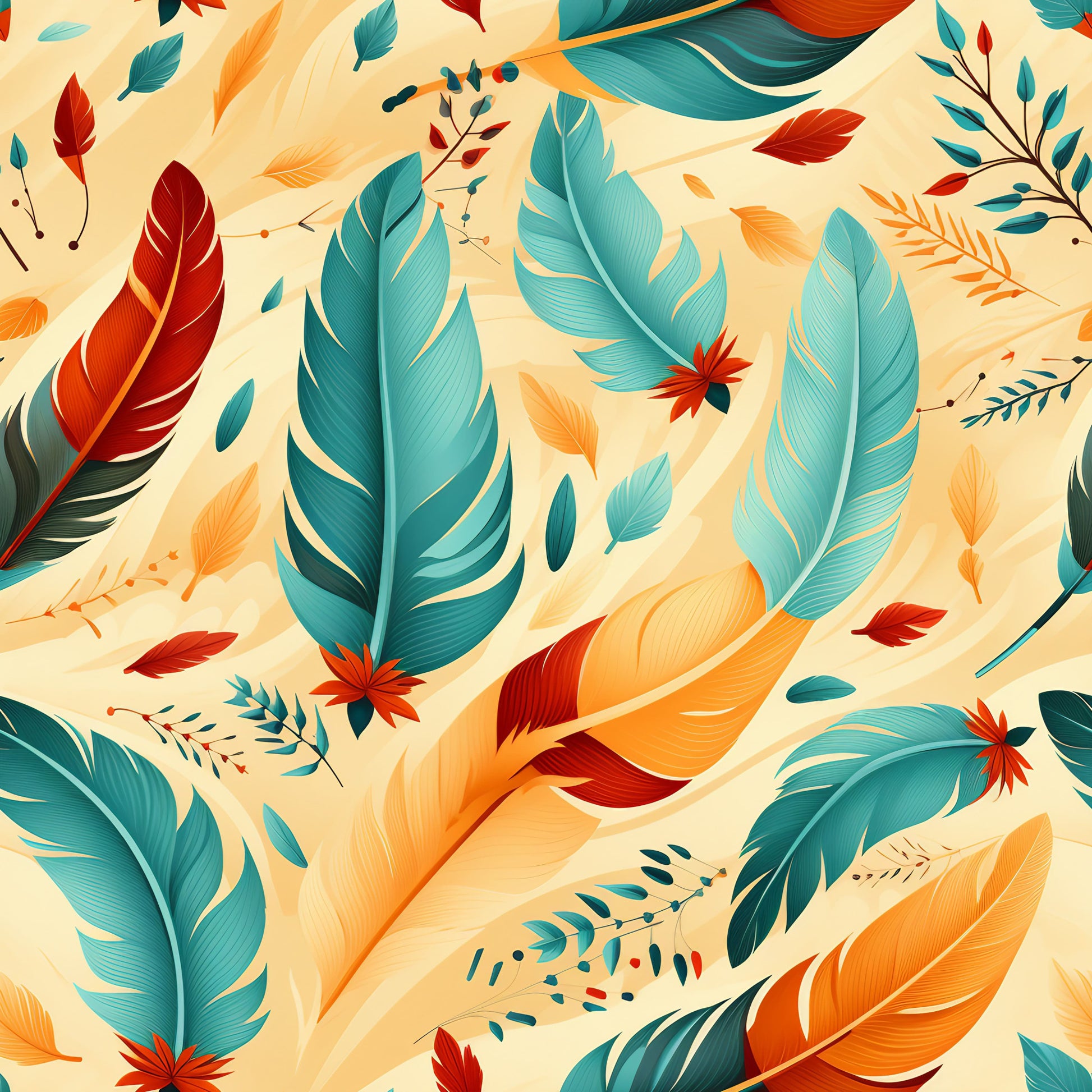 aztec feather pattern, turquoise, orange, coral red, cream background, floating feathers, native american inspired, geometric details, quilting cotton, fabric panel, southwestern style, tribal motifs, boho design, warm color palette, scattered arrangement, detailed plumage, ethnic pattern, crafting material, autumn tones