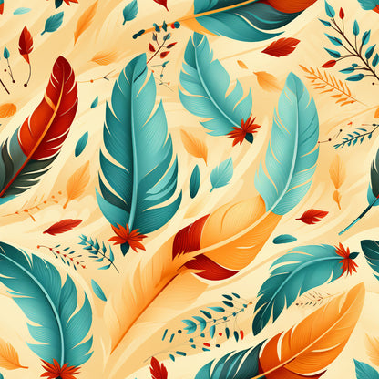 aztec feather pattern, turquoise, orange, coral red, cream background, floating feathers, native american inspired, geometric details, quilting cotton, fabric panel, southwestern style, tribal motifs, boho design, warm color palette, scattered arrangement, detailed plumage, ethnic pattern, crafting material, autumn tones