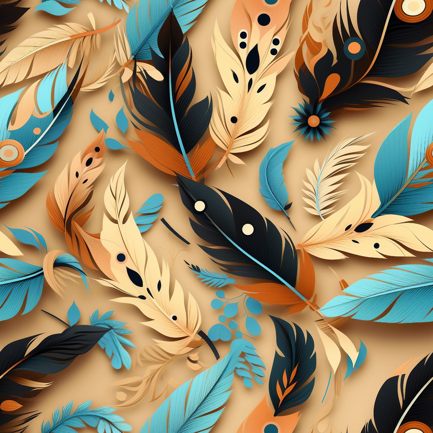 turquoise, orange, cream, black, feathers, aztec pattern, tribal design, geometric shapes, dots, circles, layered feathers, quilting cotton, fabric panel, southwestern style, boho pattern, feather motifs, warm tones, cool blues, decorative pattern, overlapping design
