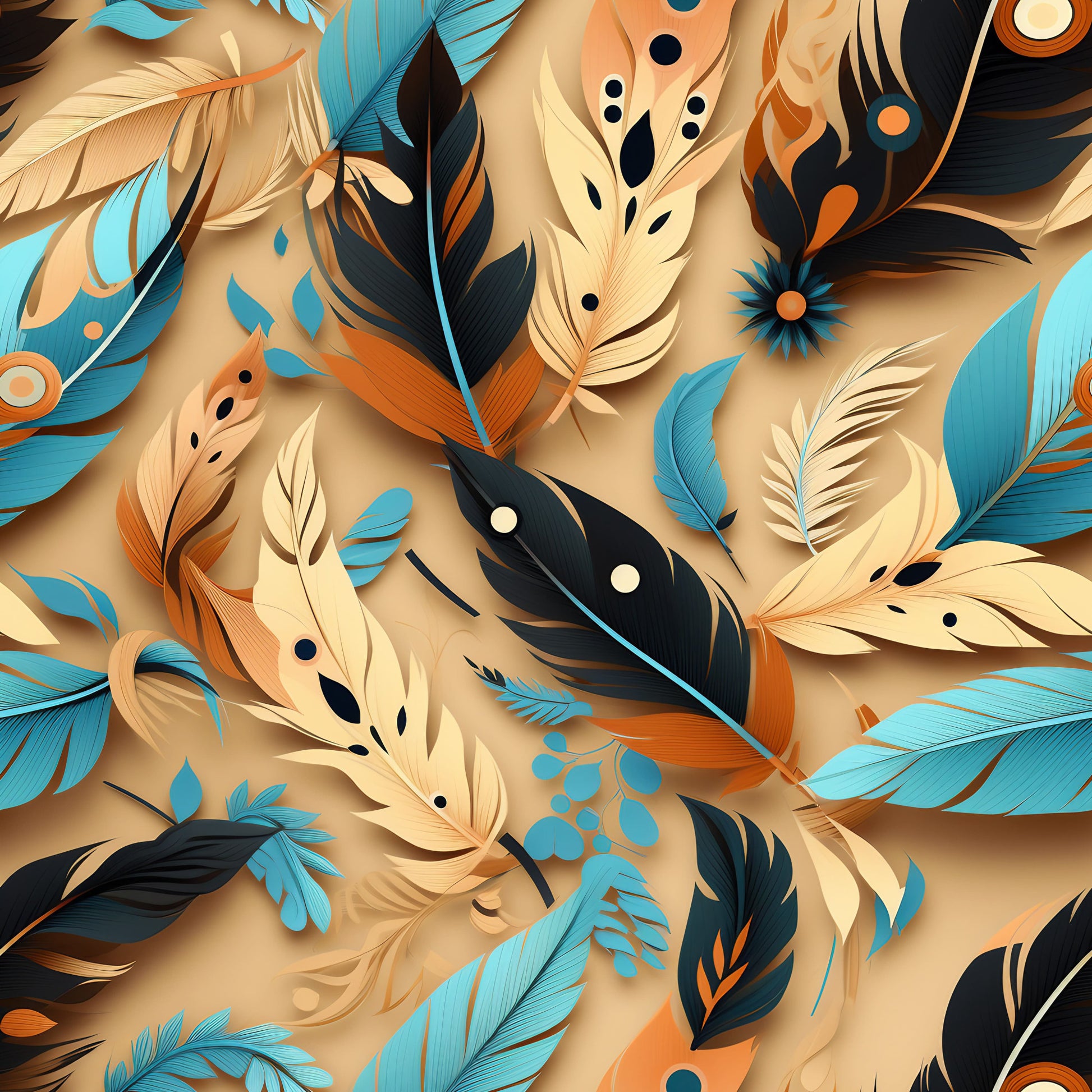 turquoise, orange, cream, black, feathers, aztec pattern, tribal design, geometric shapes, dots, circles, layered feathers, quilting cotton, fabric panel, southwestern style, boho pattern, feather motifs, warm tones, cool blues, decorative pattern, overlapping design