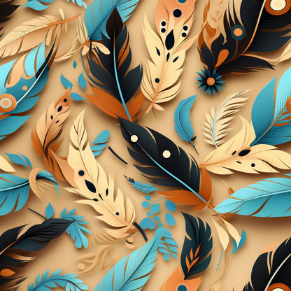 turquoise, orange, cream, black, feathers, aztec pattern, tribal design, geometric shapes, dots, circles, layered feathers, quilting cotton, fabric panel, southwestern style, boho pattern, feather motifs, warm tones, cool blues, decorative pattern, overlapping design