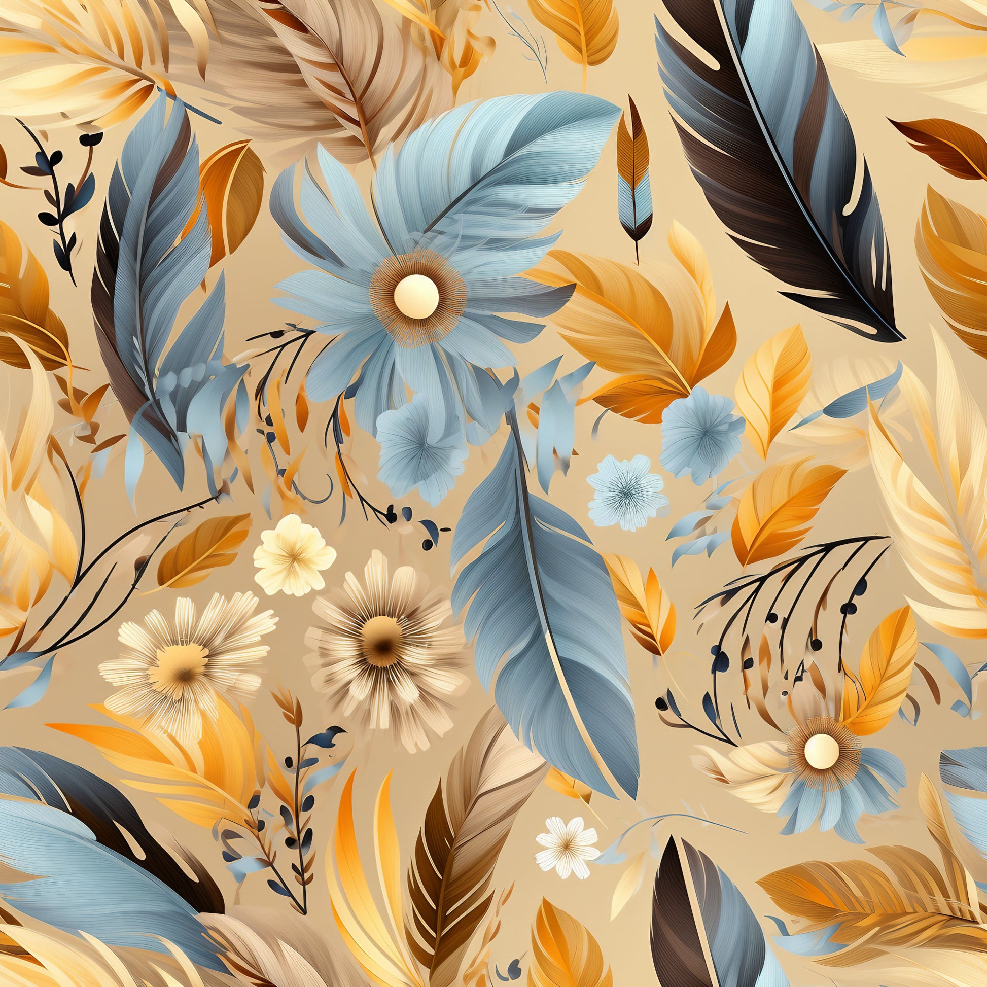 feathers, floral motifs, blue gray, golden orange, cream beige, brown accents, aztec inspired, bohemian style, quilting cotton, fabric panel, daisy flowers, tropical leaves, organic pattern, warm earth tones, artistic design, boho chic, nature elements, decorative feathers, southwestern style, seamless repeat