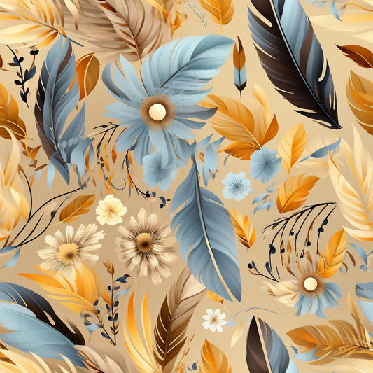 feathers, floral motifs, blue gray, golden orange, cream beige, brown accents, aztec inspired, bohemian style, quilting cotton, fabric panel, daisy flowers, tropical leaves, organic pattern, warm earth tones, artistic design, boho chic, nature elements, decorative feathers, southwestern style, seamless repeat