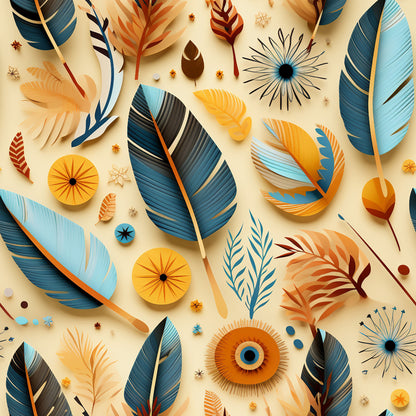 feathers, aztec pattern, teal blue, burnt orange, cream background, geometric shapes, tribal motifs, southwestern style, quilting cotton, fabric panel, decorative elements, folk art, ethnic design, turquoise, amber, natural forms, artistic arrangement, bohemian style, craft fabric, native inspired