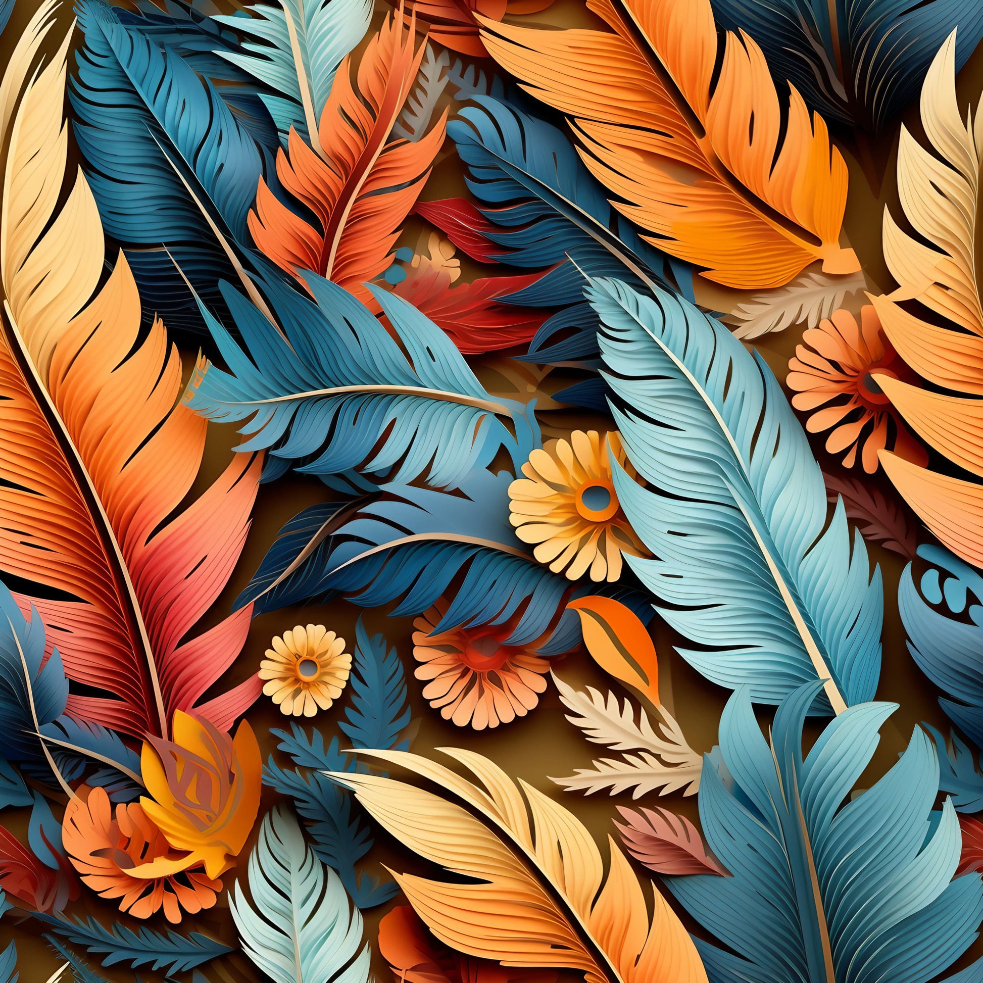 feathers, aztec pattern, orange, teal blue, coral, cream, beige, burgundy, layered feathers, overlapping design, tribal motif, southwestern style, quilting cotton, fabric panel, geometric elements, warm colors, cool colors, decorative pattern, indigenous inspired, artistic illustration