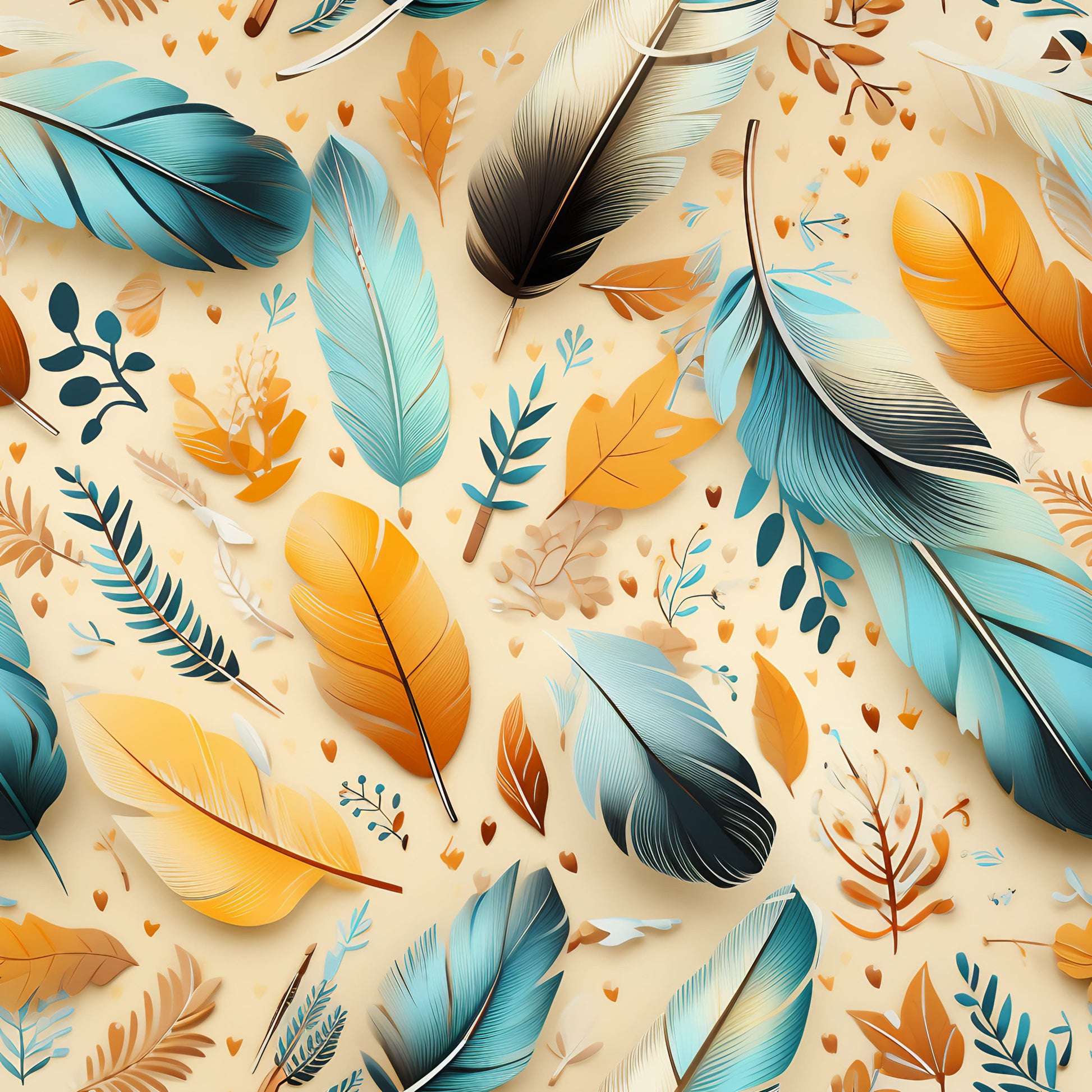 feathers, turquoise, orange, cream background, teal, amber, botanical elements, leaves, scattered pattern, quilting cotton, fabric panel, nature motif, bohemian style, southwestern design, tribal inspired, autumn colors, organic shapes, artistic illustration, craft fabric, dimensional feathers