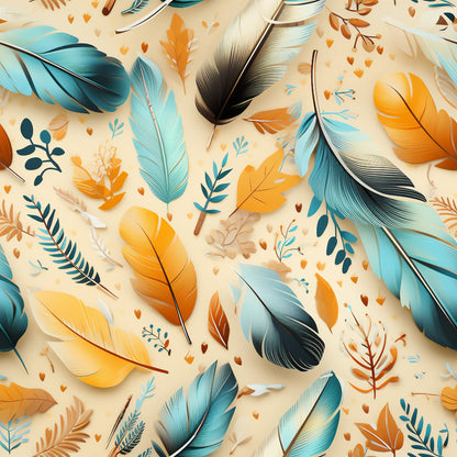 feathers, turquoise, orange, cream background, teal, amber, botanical elements, leaves, scattered pattern, quilting cotton, fabric panel, nature motif, bohemian style, southwestern design, tribal inspired, autumn colors, organic shapes, artistic illustration, craft fabric, dimensional feathers