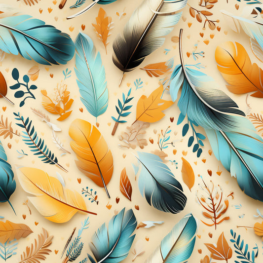 feathers, turquoise, orange, cream background, teal, amber, botanical elements, leaves, scattered pattern, quilting cotton, fabric panel, nature motif, bohemian style, southwestern design, tribal inspired, autumn colors, organic shapes, artistic illustration, craft fabric, dimensional feathers