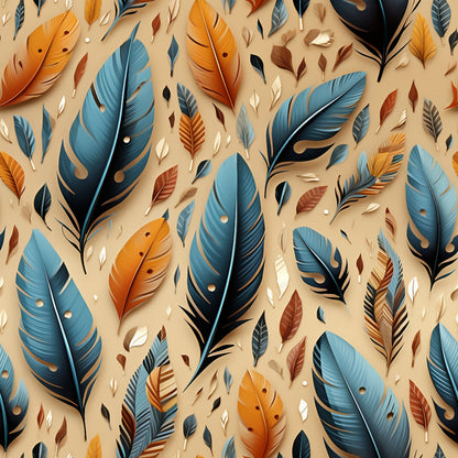 feathers, aztec pattern, orange feathers, blue feathers, black feathers, brown feathers, beige background, quilting cotton, fabric panel, geometric design, tribal motif, southwestern style, earthy tones, detailed illustration, crafting material, sewing fabric, decorative feathers, indigenous inspired, warm colors, artistic pattern
