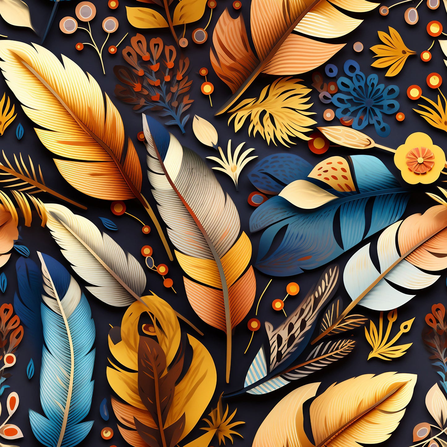 feathers, aztec pattern, navy blue, golden yellow, orange, teal blue, cream, burgundy, tribal design, geometric elements, native american inspired, bohemian style, quilting cotton, fabric panel, decorative motifs, southwestern theme, earthy tones, intricate details, ethnic pattern, artistic illustration