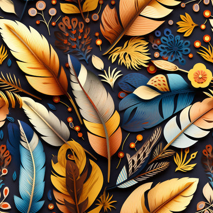feathers, aztec pattern, navy blue, golden yellow, orange, teal blue, cream, burgundy, tribal design, geometric elements, native american inspired, bohemian style, quilting cotton, fabric panel, decorative motifs, southwestern theme, earthy tones, intricate details, ethnic pattern, artistic illustration