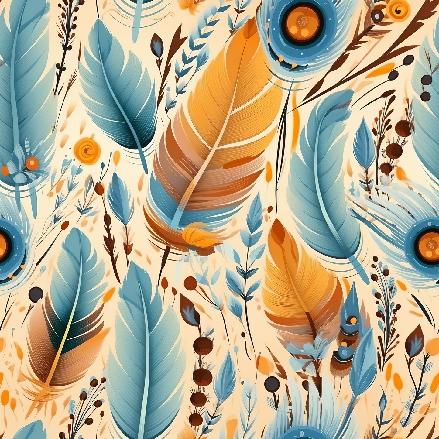 teal, orange, cream, feathers, botanical, leaves, berries, boho, southwestern, quilting cotton, fabric panel, geometric circles, nature motifs, earthy tones, tribal pattern, decorative elements, flowing design, organic shapes, peacock feathers, autumn colors