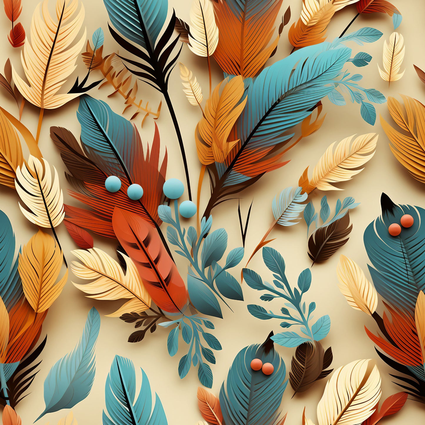teal, orange, cream, beige, feathers, botanical elements, berries, leaves, nature motif, layered design, quilting cotton, fabric panel, autumn colors, earthy tones, scattered pattern, organic shapes, dimensional effect, crafting material, sewing fabric, warm palette