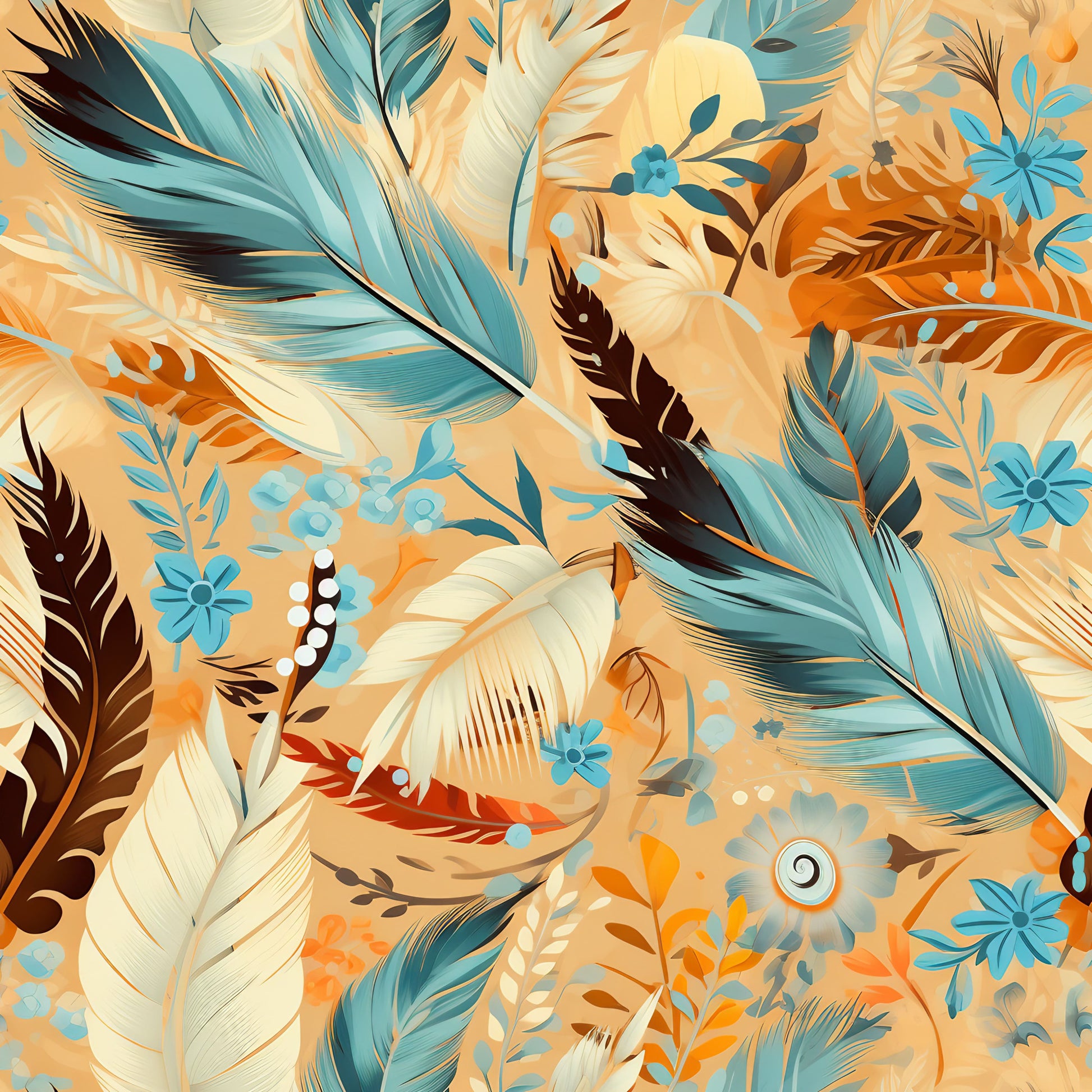 aztec feathers, turquoise blue, peach orange, cream white, dark brown, tropical pattern, feather motifs, floral elements, boho style, southwestern design, quilting cotton, fabric panel, nature inspired, warm tones, cool blues, artistic illustration, decorative pattern, craft fabric, sewing material