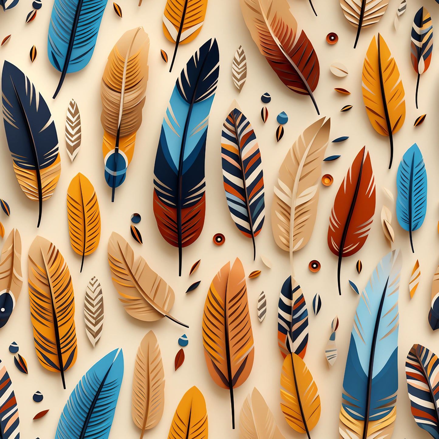 feathers, aztec pattern, orange, blue, beige, navy, rust red, geometric design, native american, tribal motif, quilting cotton, fabric panel, southwestern style, earth tones, decorative feathers, boho style, autumn colors, craft fabric, sewing material, ethnic pattern