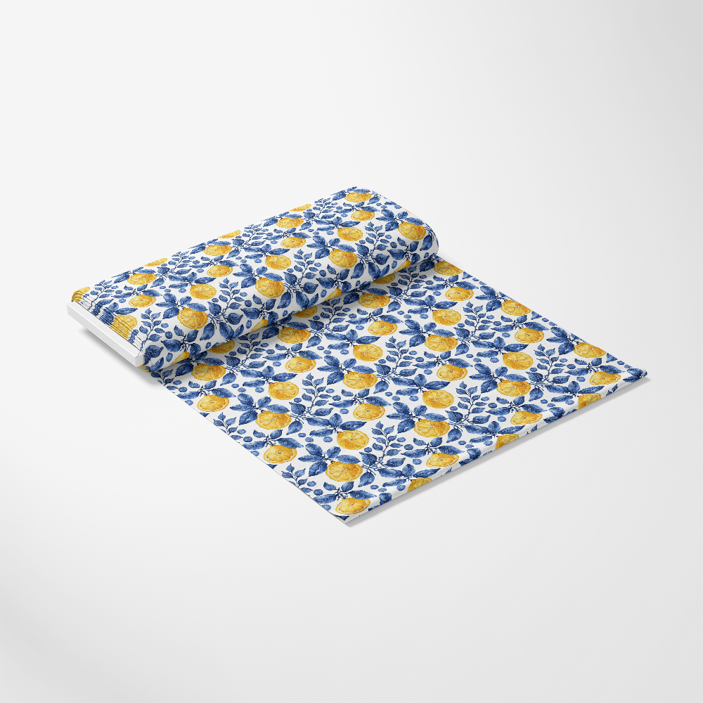 Azulejo Lemons with Blue Leaves Pattern 10 Quilting Cotton Fabric featuring yellow lemons, blue foliage, citrus motif, floral design, colorful print, cotton textile, quilting material, crafted fabric roll, traditional style, soft texture, premium quilting cotton.