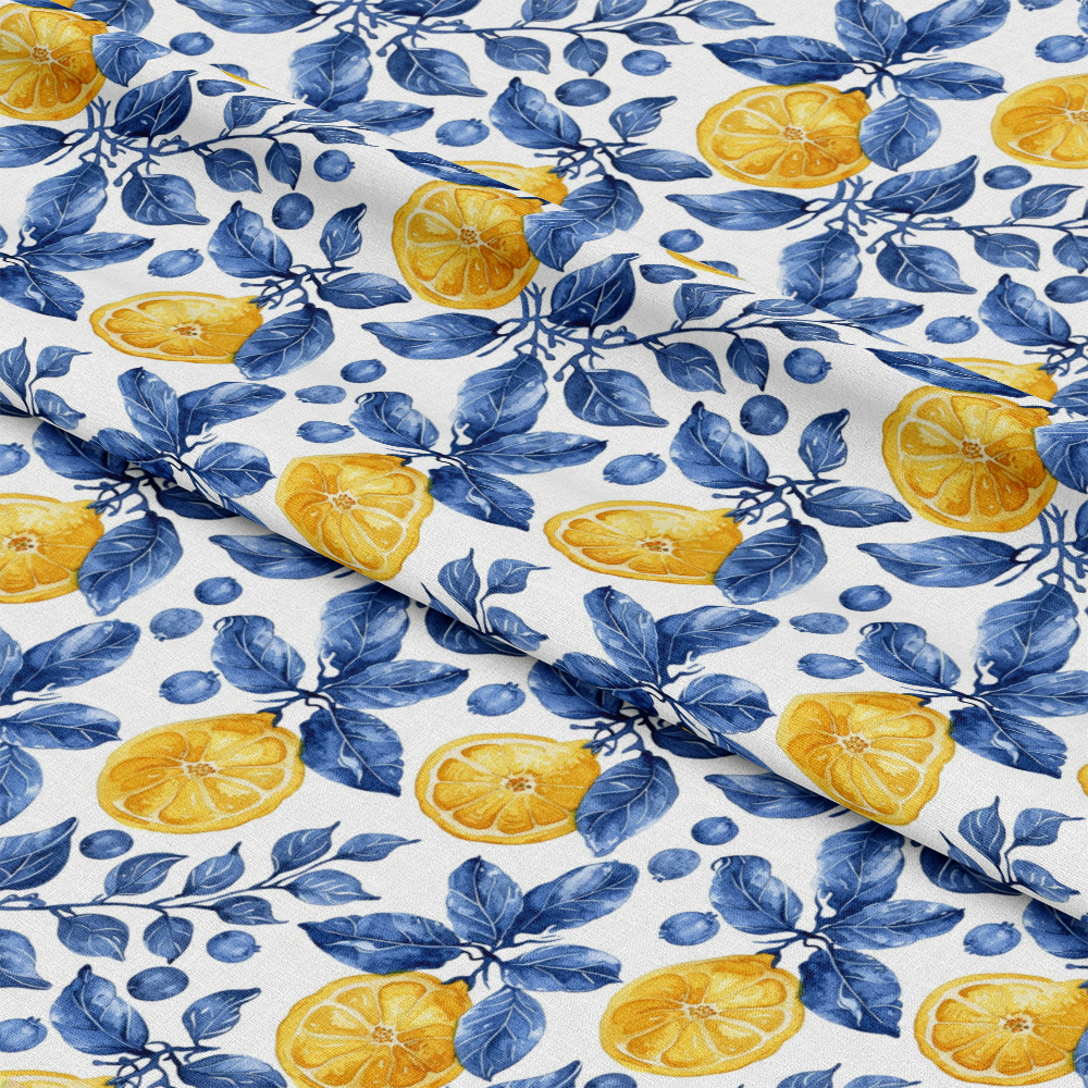 - Azulejo Lemons with Blue Leaves Pattern 10 Quilting Cotton Fabric  
- Yellow lemons  
- Blue foliage  
- White background  
- Citrus design  
- Botanical print  
- Quilting fabric  
- Cotton textile  
- Vibrant colors  
- Traditional style