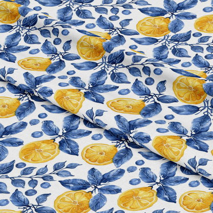- Azulejo Lemons with Blue Leaves Pattern 10 Quilting Cotton Fabric  
- Yellow lemons  
- Blue foliage  
- White background  
- Citrus design  
- Botanical print  
- Quilting fabric  
- Cotton textile  
- Vibrant colors  
- Traditional style