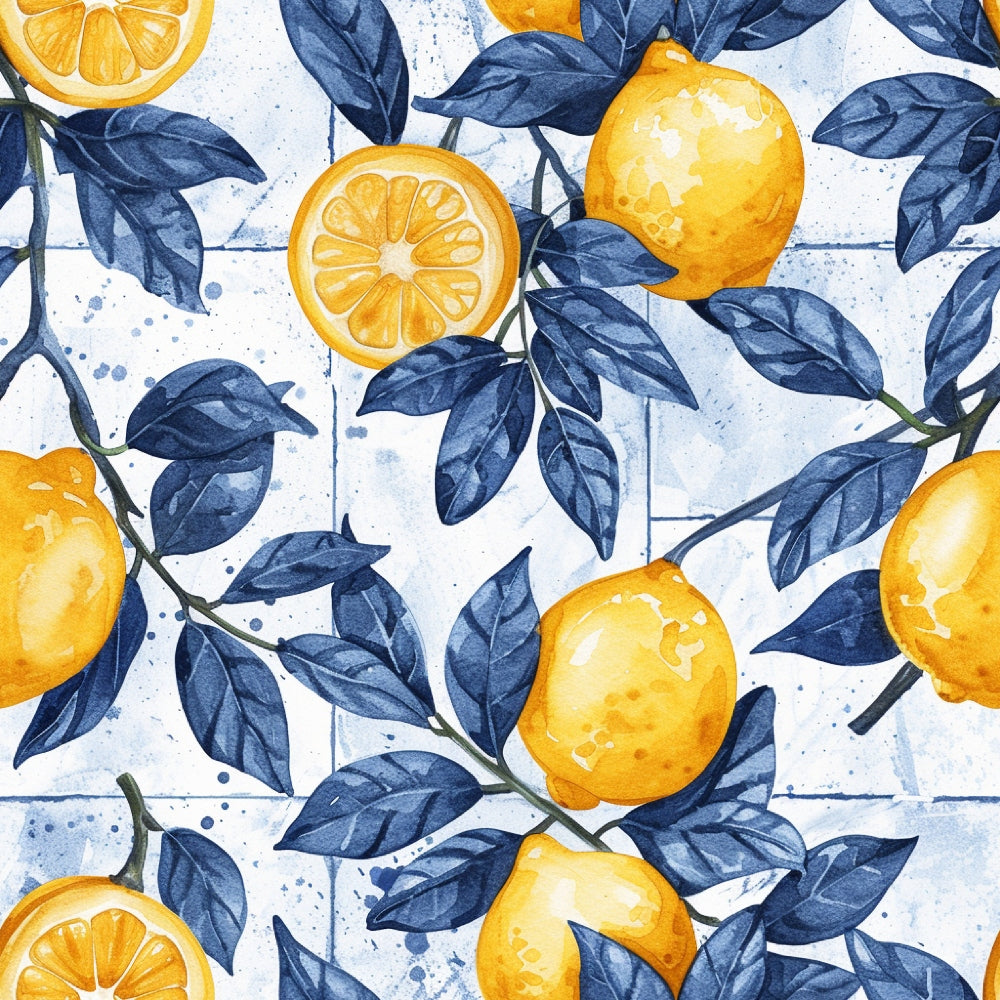 Azulejo Lemons with Blue Leaves Pattern 1 Quilting Cotton Fabric