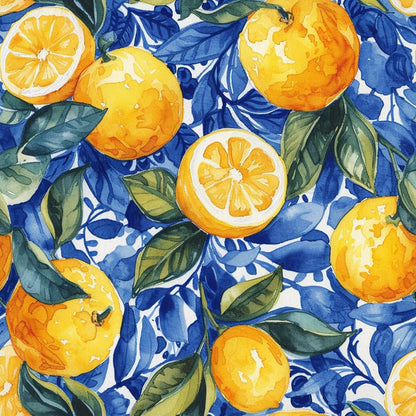 Azulejo Lemons with Blue Leaves Pattern 2 Quilting Cotton Fabric