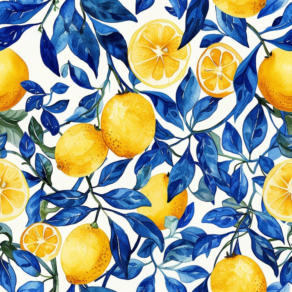 Azulejo Lemons with Blue Leaves Pattern 3 Quilting Cotton Fabric