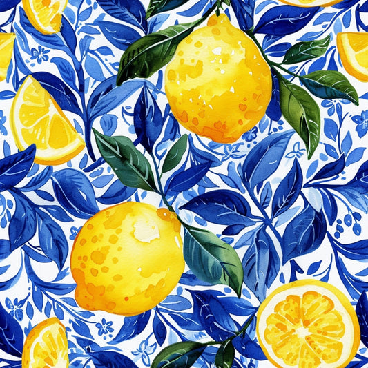 Azulejo Lemons with Blue Leaves Pattern 4 Quilting Cotton Fabric