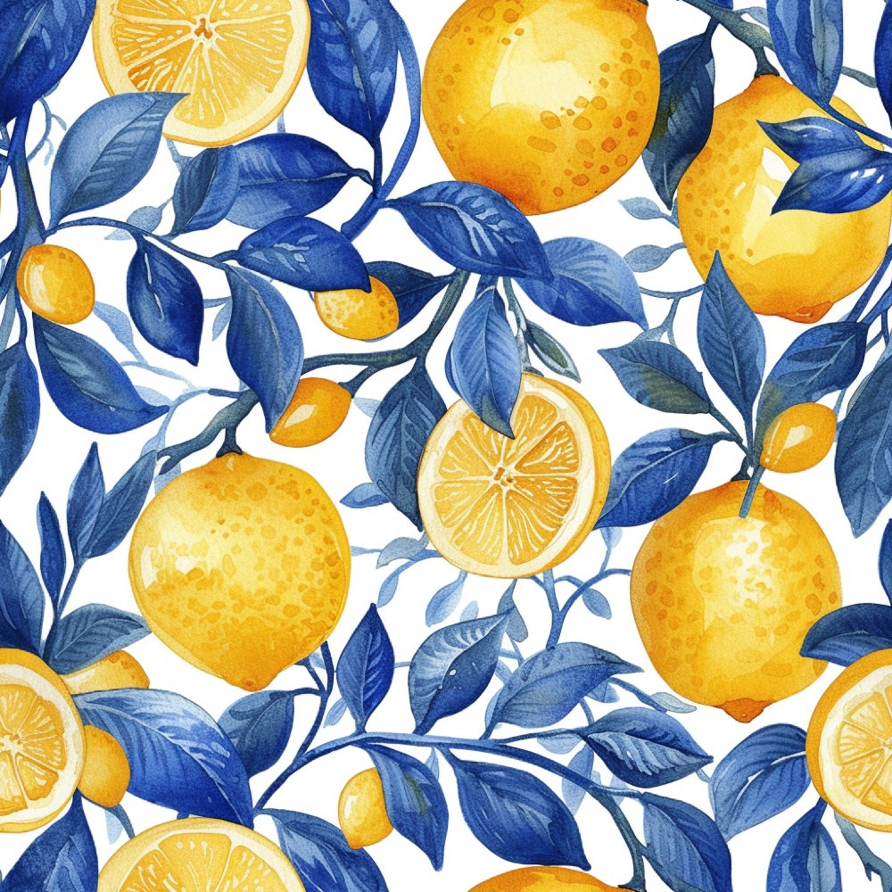 Azulejo Lemons with Blue Leaves Pattern 5 Quilting Cotton Fabric