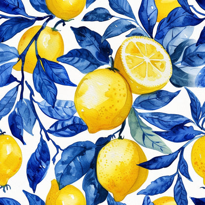 Azulejo Lemons with Blue Leaves Pattern 6 Quilting Cotton Fabric