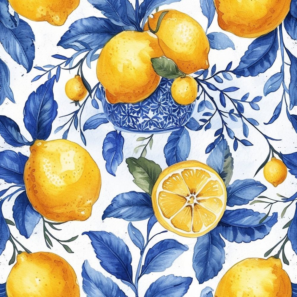 Azulejo Lemons with Blue Leaves Pattern 7 Quilting Cotton Fabric