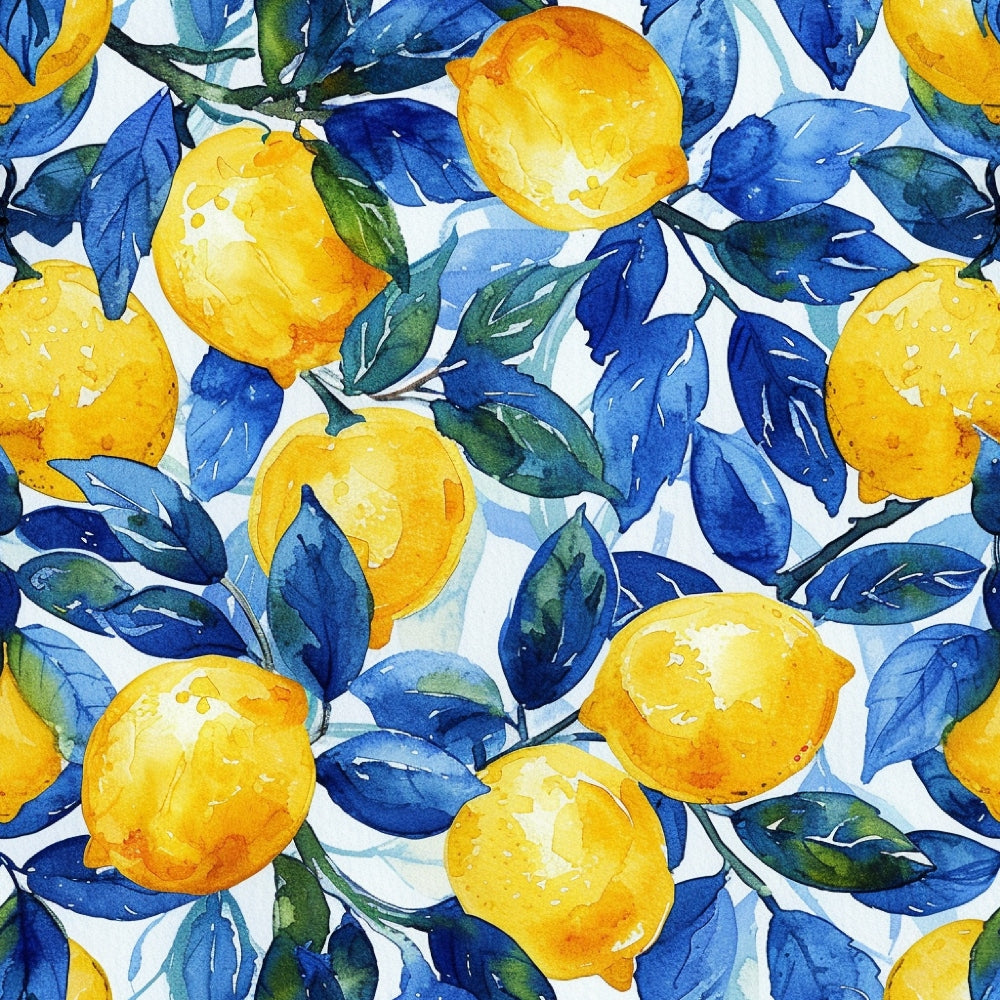 bright yellow, deep blue, watercolor style, lemon pattern, citrus fruits, botanical design, blue leaves, repeating pattern, quilting cotton, fabric panel, mediterranean style, azulejo inspired, artistic painting, vibrant colors, fruit motif, summer theme, nature pattern, hand-painted look, decorative fabric