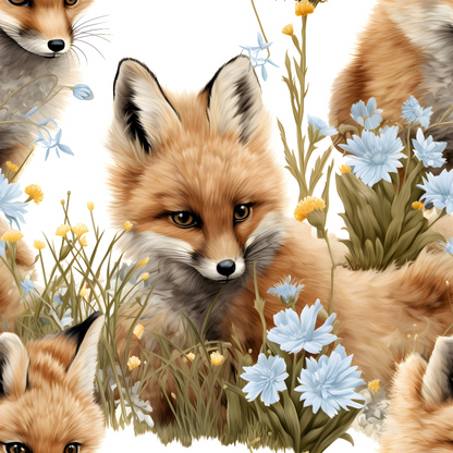 baby foxes, orange fur, cream white, pale blue flowers, yellow centers, green grass, woodland animals, cute faces, pointed ears, fluffy tails, nature scene, wildflowers, meadow setting, realistic illustration, quilting cotton, fabric panel, nursery theme, forest creatures, soft colors, botanical elements