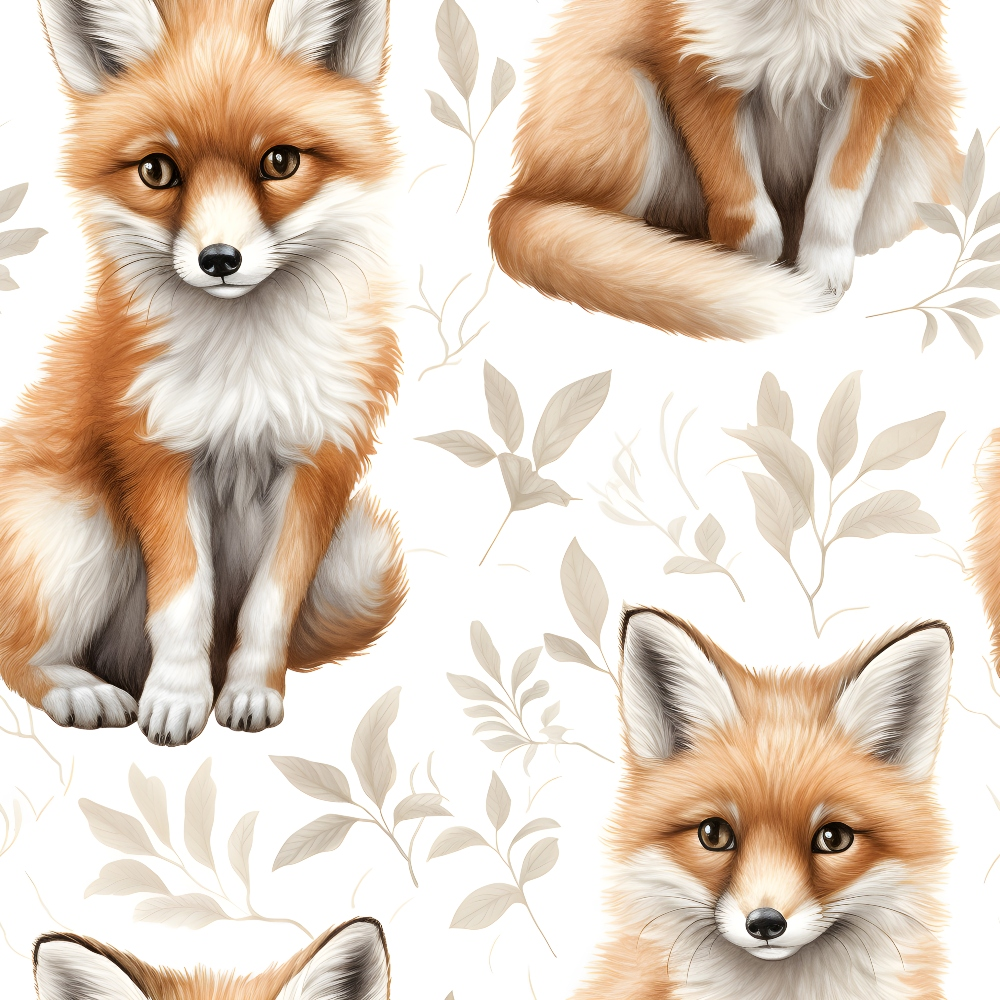 baby foxes, orange fur, white chest, amber eyes, botanical leaves, beige foliage, sitting pose, curled tail, realistic illustration, soft watercolor style, quilting cotton, fabric panel, woodland animals, nursery theme, nature motifs, cute animals, fox faces, fluffy texture, warm tones, children's fabric