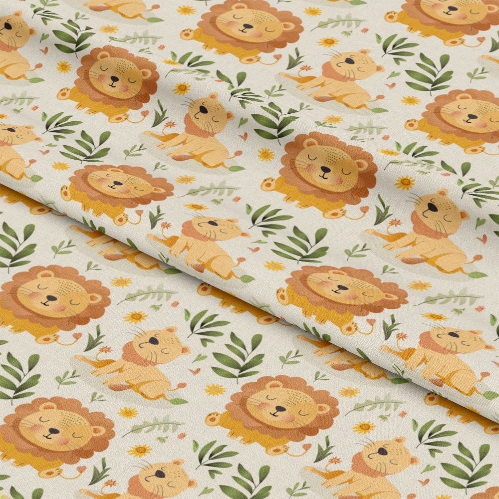 - Baby Safari Animals Pattern 21 Quilting Cotton Fabric  
- Cute lions, playful cubs  
- Soft beige background  
- Earth tone colors, yellow, brown, green leaves  
- Whimsical animal design  
- Cotton quilting fabric  
- Nursery, children’s decor  
- Lightweight, breathable textile  
- Repeated animal motifs  
- Gentle, natural color palette